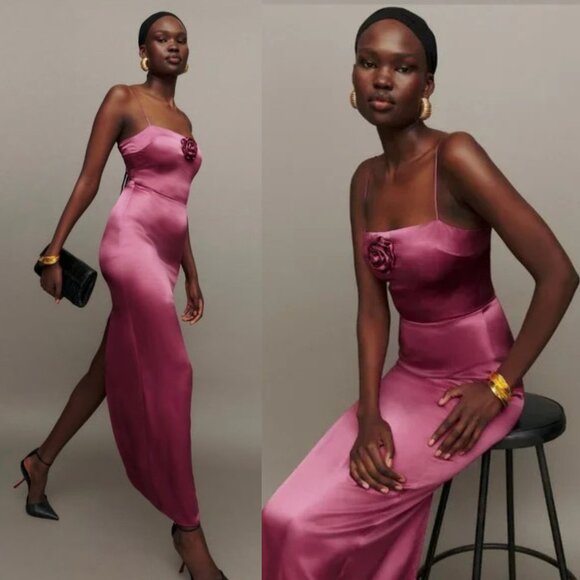 Reformation Frankie Maxi Dress Strawberry Wine Pink Rosette Silk Size 4 - Picture 2 of 13